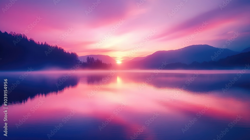 Golden hour sunset with colorful reflections on a calm lake, soft hues of pink and purple. Golden hour sunset with colorful reflections on a calm lake, soft hues of pink and purple.