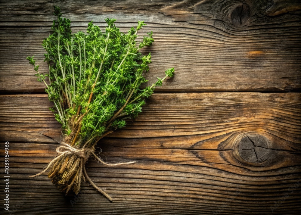 A charming flat lay featuring fresh thyme on a rustic wooden backdrop, celebrating natural ingredients, culinary delights, organic lifestyle, and vibrant greenery in herb photography. A charming flat lay featuring fresh thyme on a rustic wooden backdrop, celebrating natural ingredients, culinary delights, organic lifestyle, and vibrant greenery in herb photography.
