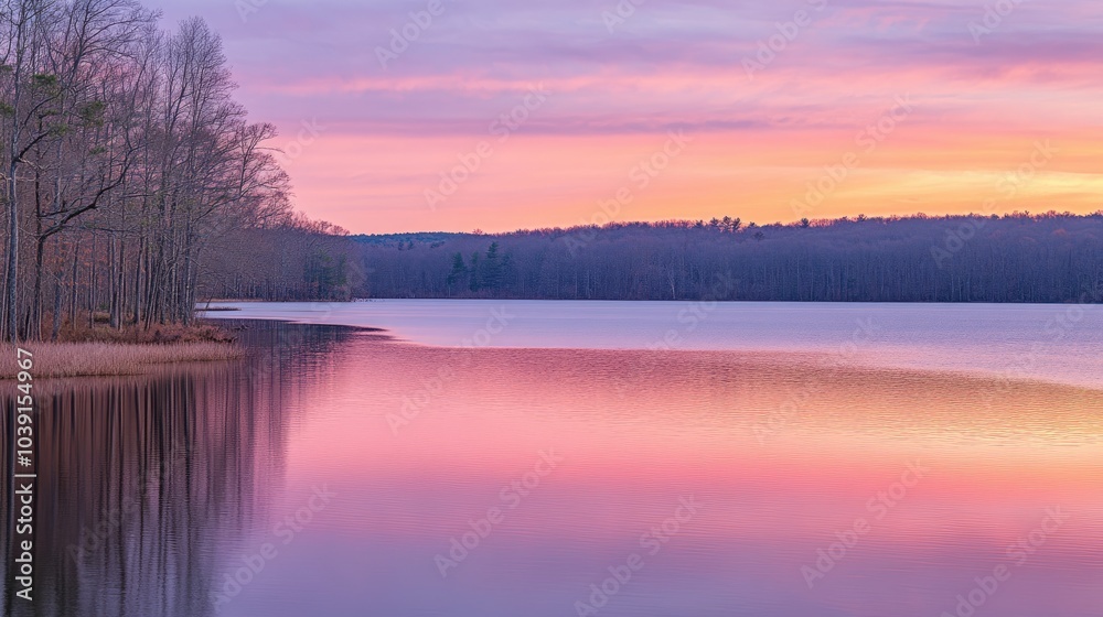 Golden hour sunset with colorful reflections on a calm lake, soft hues of pink and purple. Golden hour sunset with colorful reflections on a calm lake, soft hues of pink and purple.