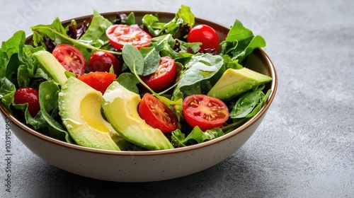 Fresh salad with avocado, cherry tomatoes, and leafy greens in a textured bowl. Perfect for healthy eating and vibrant meal presentations.