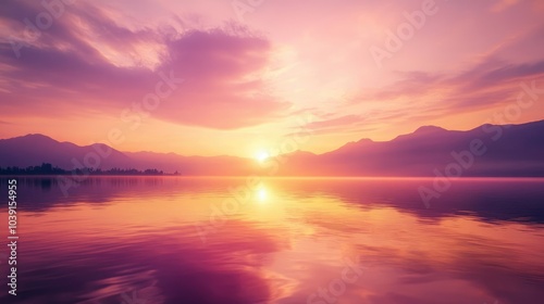 Golden hour sunset with colorful reflections on a calm lake, soft hues of pink and purple.