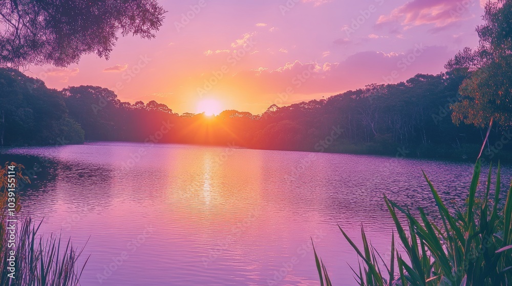 Pink and orange sunset reflecting on a serene lake, with purple skies and a peaceful atmosphere. Pink and orange sunset reflecting on a serene lake, with purple skies and a peaceful atmosphere.