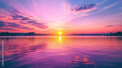 Serene sunset casting vibrant hues of pink, orange, and purple on the surface of a calm lake.