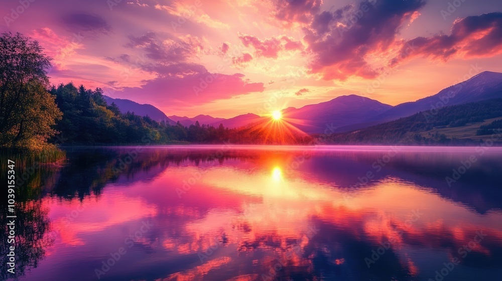 A breathtaking sunset with vibrant pink, orange, and purple reflections on a still lake A breathtaking sunset with vibrant pink, orange, and purple reflections on a still lake