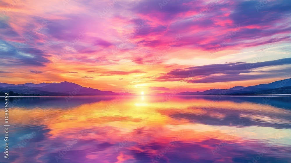 Fototapeta premium A colorful sunset painting the sky in pink, orange, and purple tones, mirrored on a peaceful lake.
