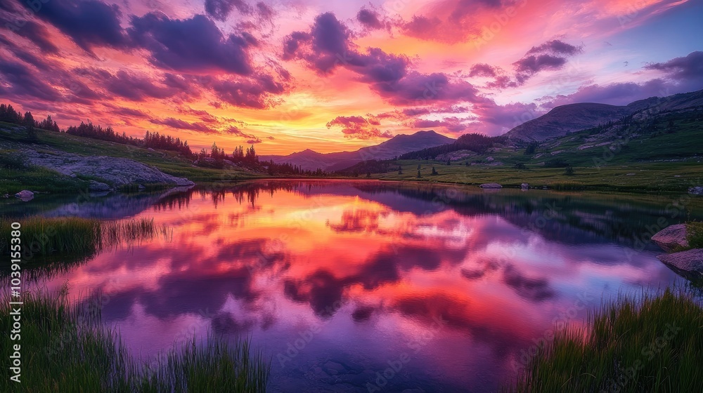 Fototapeta premium A colorful sunset painting the sky in pink, orange, and purple tones, mirrored on a peaceful lake.