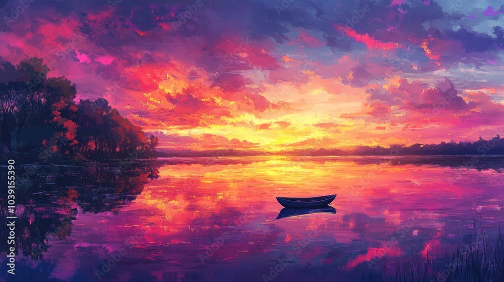 A colorful sunset painting the sky in pink, orange, and purple tones, mirrored on a peaceful lake. A colorful sunset painting the sky in pink, orange, and purple tones, mirrored on a peaceful lake.