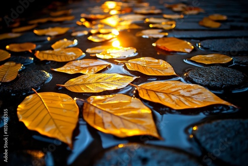 Orange autumn leaves covering a pathway, creating a soft, golden carpet under the warm glow of the setting sun photo