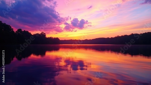 A breathtaking sunset with vibrant pink, orange, and purple reflections on a still lake