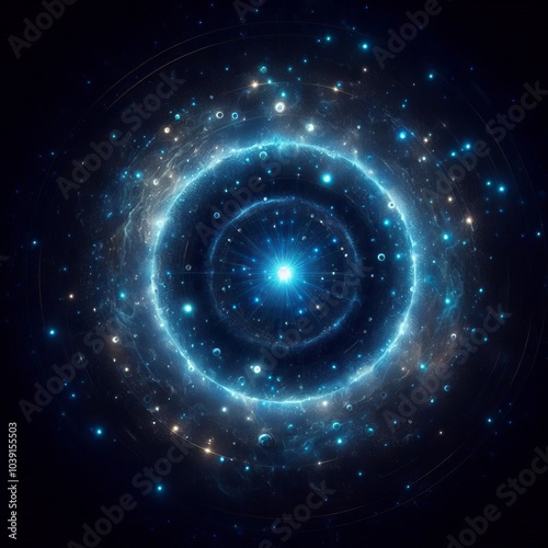 Space background with blue stars, sun, and circles, featuring planets, moon, and glowing galaxies in a dark sky