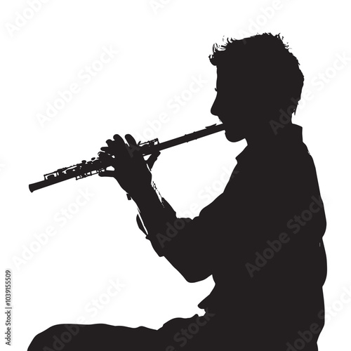 A man playing Flute silhouette isolated on white background