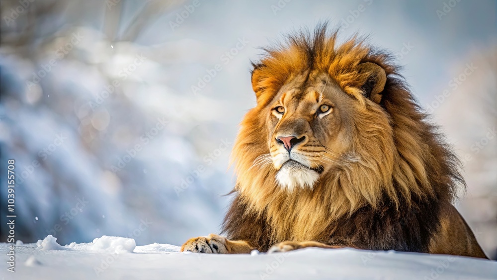 Obraz premium A Majestic Lion Resting in a Snowy Landscape, His Gaze Fixed on the Distant Horizon, Conveying an Air of Tranquility and Authority