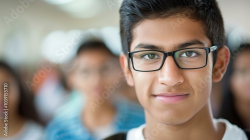 A young man with glasses stands sharp and clear, while blurred figures in the background symbolize distraction and focus.