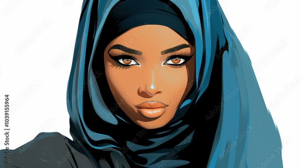 Naklejka premium A stunning girl wears a colorful hijab, her radiant dark skin highlighting her unique beauty and grace effortlessly.