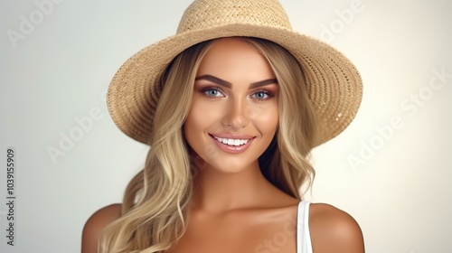 A stunning woman in a flowing white dress and chic straw hat effortlessly captures elegance against a crisp white backdrop.