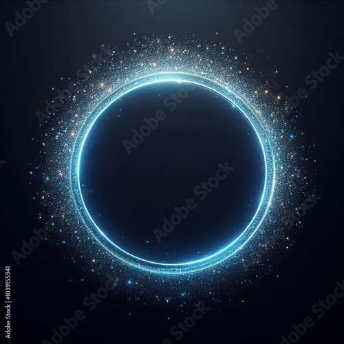 double blue sphere or circle in blue light, floating amidst a vast, star-studded cosmos on black dark background