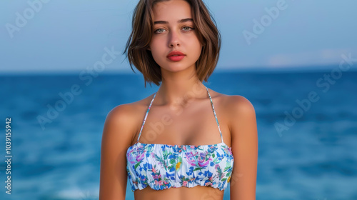 A young woman in a floral summer outfit enjoys the sunny beach, with the ocean waves crashing around her.