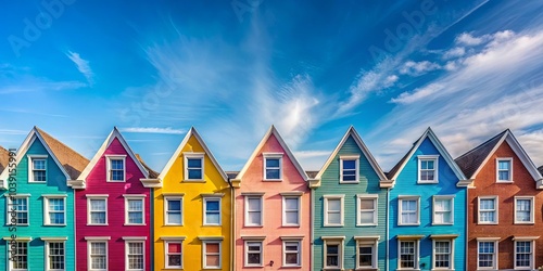 A Row of Vibrantly Colored Houses Under a Clear Blue Sky with White Wispy Clouds