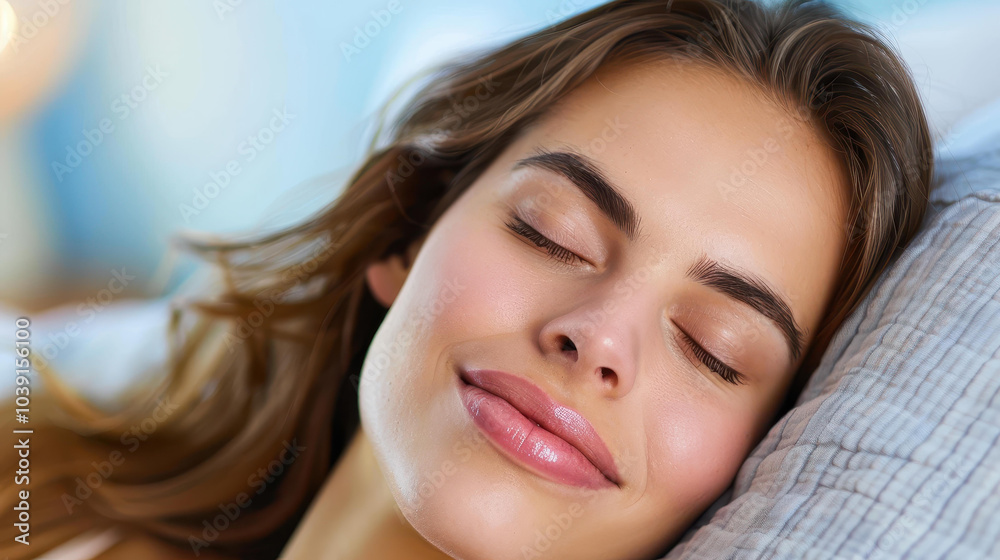 A serene morning scene, with a beautiful woman peacefully sleeping in bed, her hair softly sprawled across the pillow. A serene morning scene, with a beautiful woman peacefully sleeping in bed, her hair softly sprawled across the pillow.