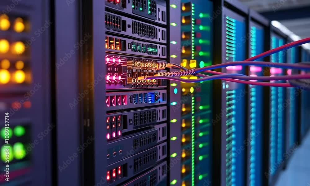 Close up of server rack with data cables connected. Close up of server rack with data cables connected.