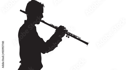 A man playing Flute silhouette isolated on white background