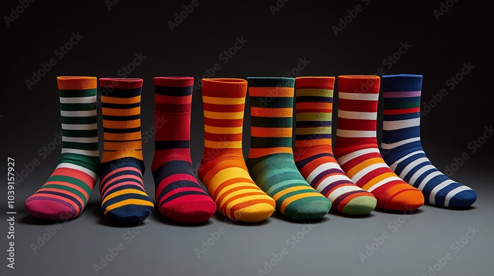 Vibrant striped socks arranged in a neat row to showcase bold patterns. Vibrant striped socks arranged in a neat row to showcase bold patterns.
