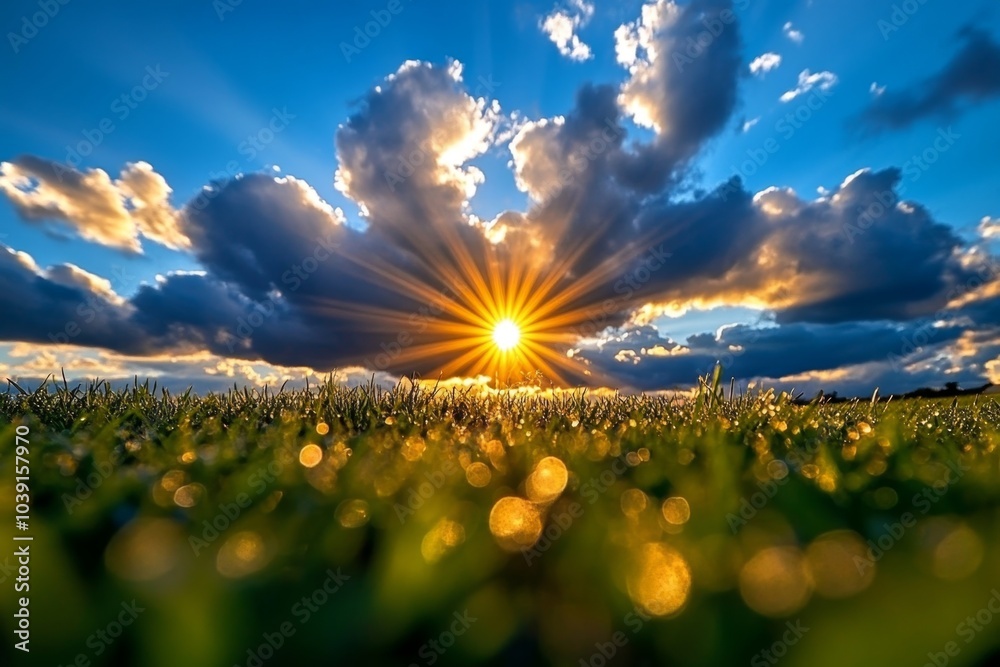 Naklejka premium Sun breaking through dense fog over a field, symbolizing clarity and new beginnings as the light chases away confusion and uncertainty