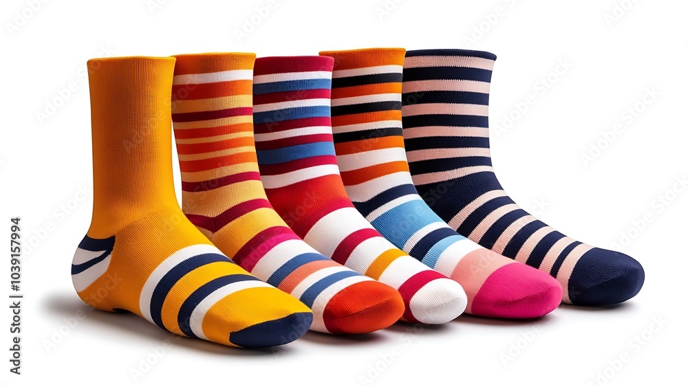 Vibrant striped socks arranged in a neat row to showcase bold patterns. Vibrant striped socks arranged in a neat row to showcase bold patterns.