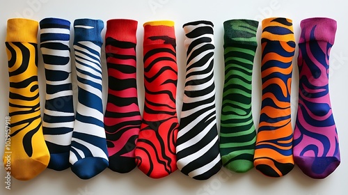 Vibrant striped socks arranged in a neat row to showcase bold patterns. photo