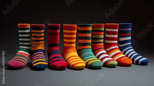 Vibrant striped socks arranged in a neat row to showcase bold patterns. photo