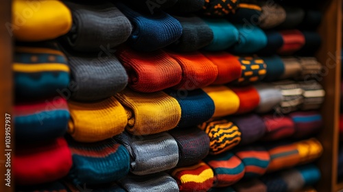 Vibrant striped socks arranged in a neat row to showcase bold patterns. photo