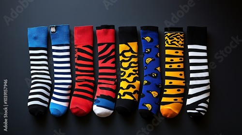 Vibrant striped socks arranged in a neat row to showcase bold patterns. photo
