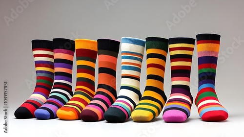 Vibrant striped socks arranged in a neat row to showcase bold patterns. photo
