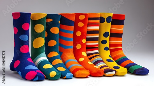Vibrant striped socks arranged in a neat row to showcase bold patterns. photo