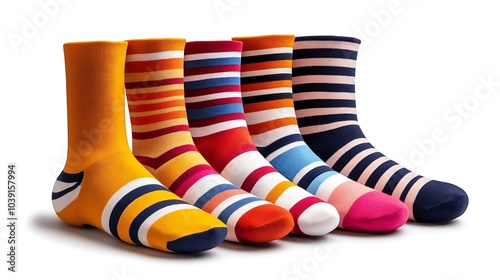 Vibrant striped socks arranged in a neat row to showcase bold patterns. photo