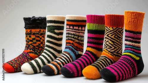 Vibrant striped socks arranged in a neat row to showcase bold patterns. photo