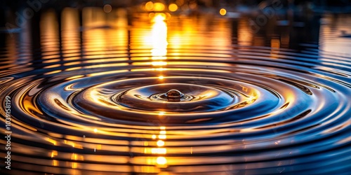 A single drop of water creates a ripple effect, reflecting the golden light of the setting sun photo