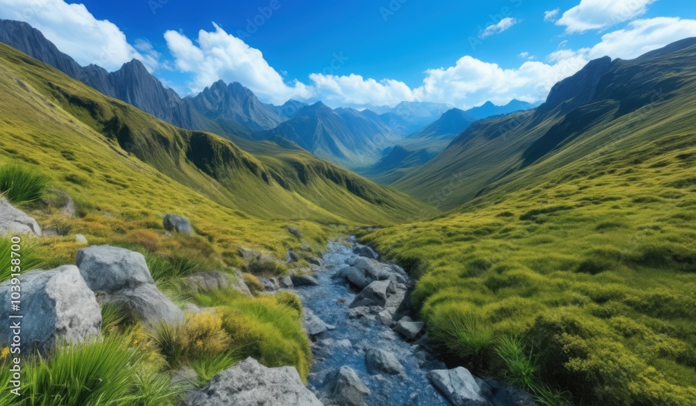 Fototapeta premium arafed view of a mountain valley with a stream running through