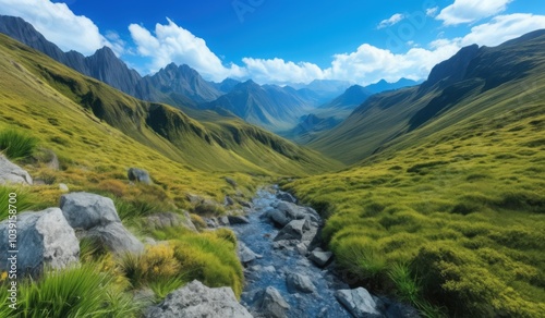 arafed view of a mountain valley with a stream running through