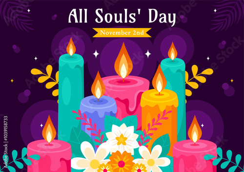 All Souls' Day Vector Illustration to Honor and Commemorate the Souls of Deceased Believers in the Christian Faith Featuring Candles in a Background
