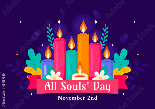 All Souls' Day Vector Illustration to Honor and Commemorate the Souls of Deceased Believers in the Christian Faith Featuring Candles in a Background