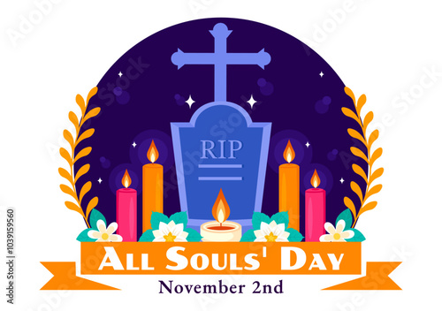 All Souls' Day Vector Illustration to Honor and Commemorate the Souls of Deceased Believers in the Christian Faith Featuring Candles in a Background