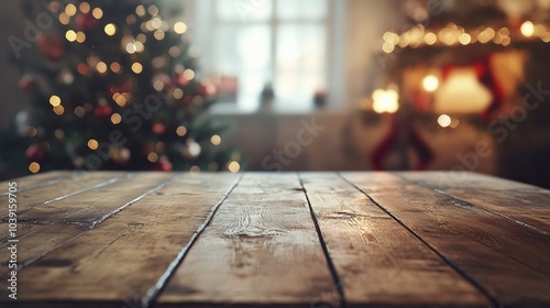 Empty wooden table with christmas theme