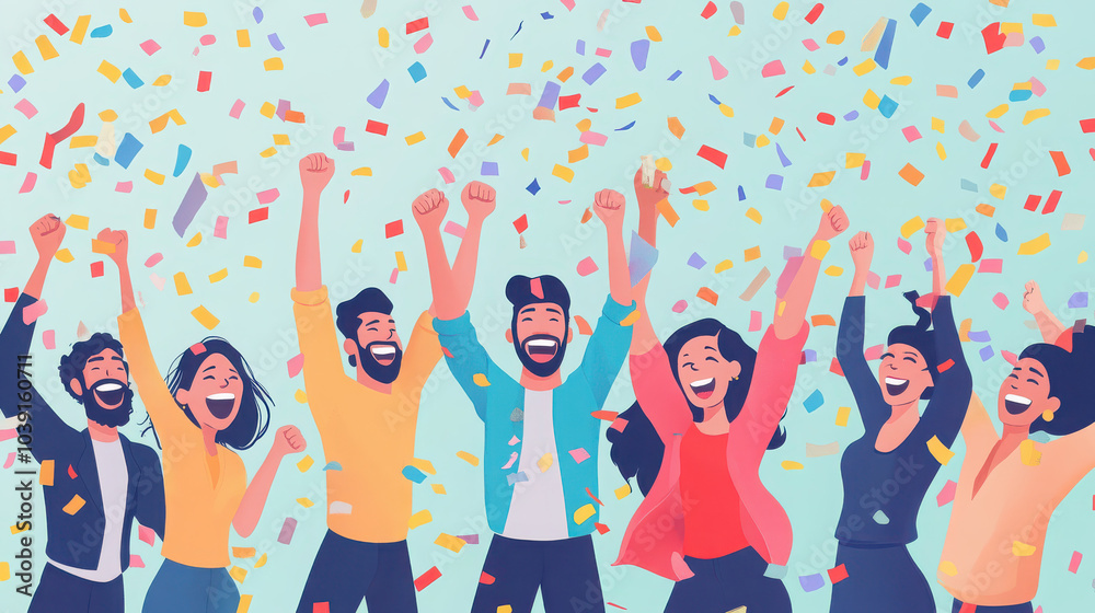 A joyful group of people celebrating with raised arms and confetti in a festive atmosphere. A joyful group of people celebrating with raised arms and confetti in a festive atmosphere.
