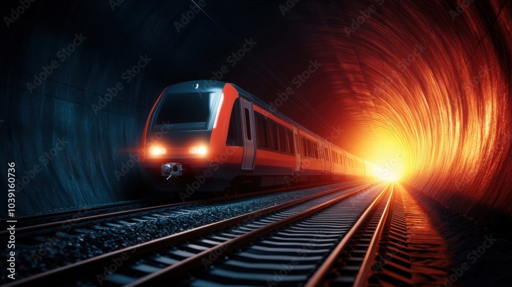 Naklejka premium Train entering a tunnel with a bright light at the end, dramatic lighting effects