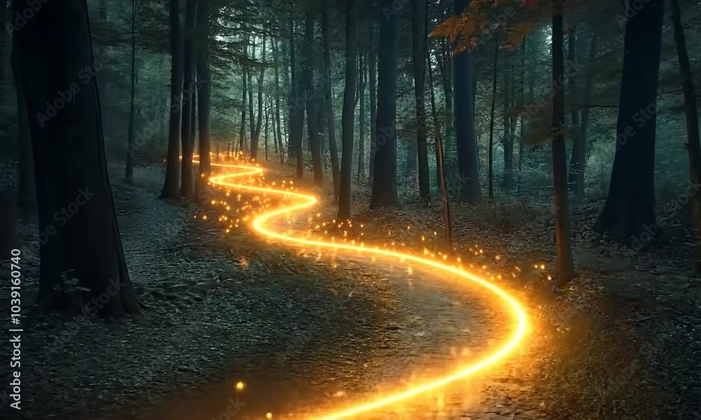 Magical path of light in a dark forest. Magical path of light in a dark forest.