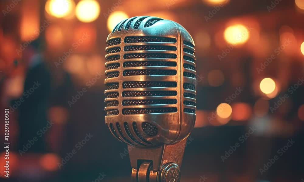A vintage microphone stands in a dimly lit venue, ready for a performance.