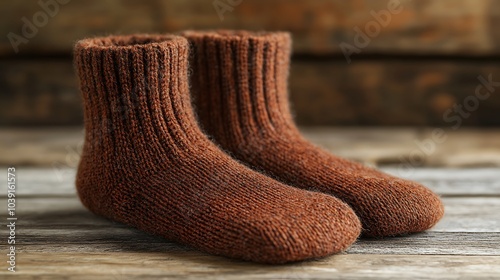 Cozy wool socks folded on a wooden table with a warm, rustic background. 