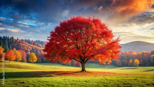 A solitary crimson tree stands proudly in a field of rolling green hills, its vibrant leaves ablaze against a backdrop of autumnal forest and a sky painted with shades of orange and blue.