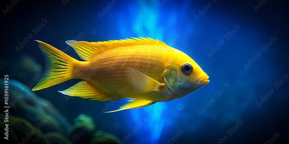A vibrant yellow fish with delicate fins, its scales catching the light, swims through a deep blue aquatic environment.